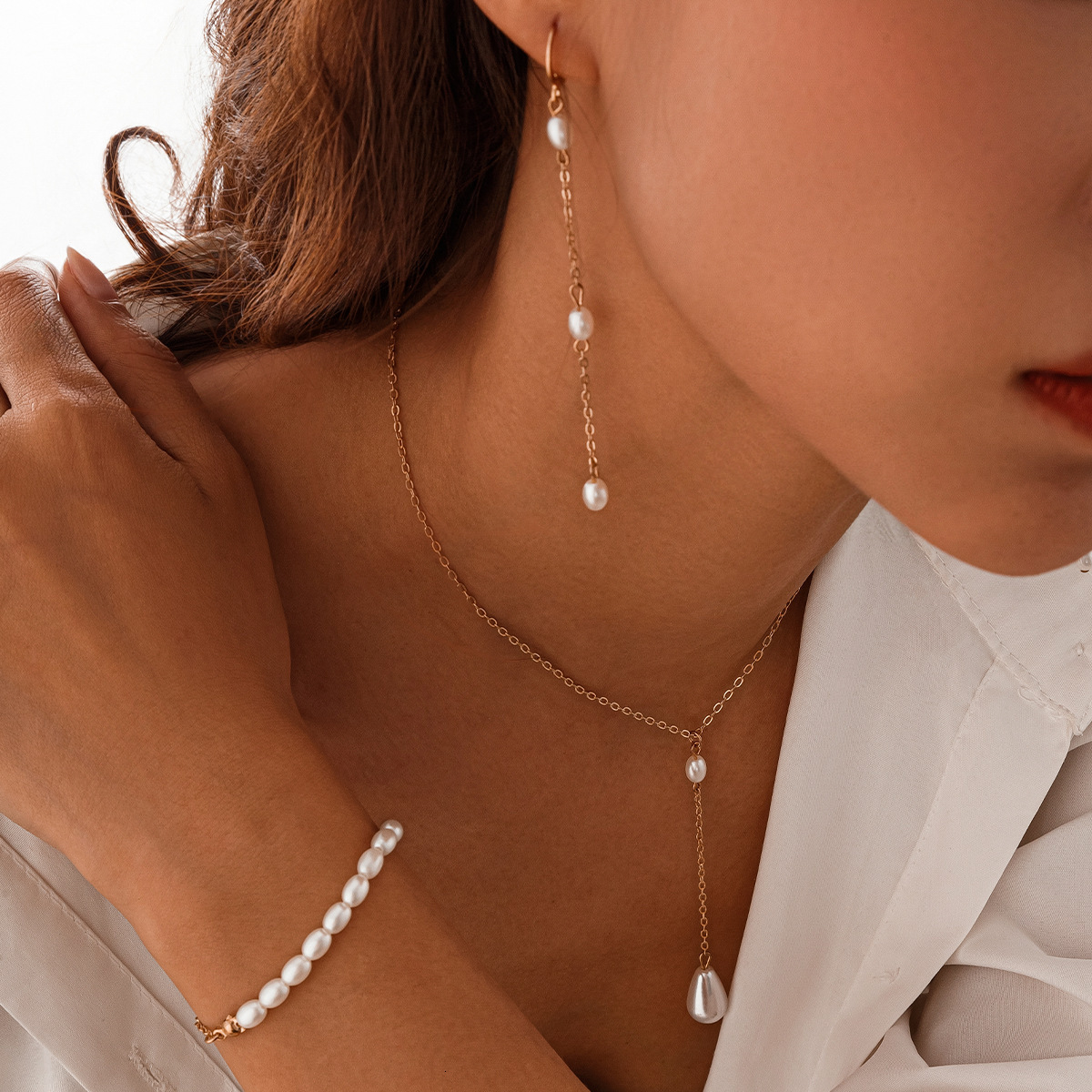 French Style Commuter Elegant Pearl Chain Simple Geometric Round Bead Tassel Necklace Set