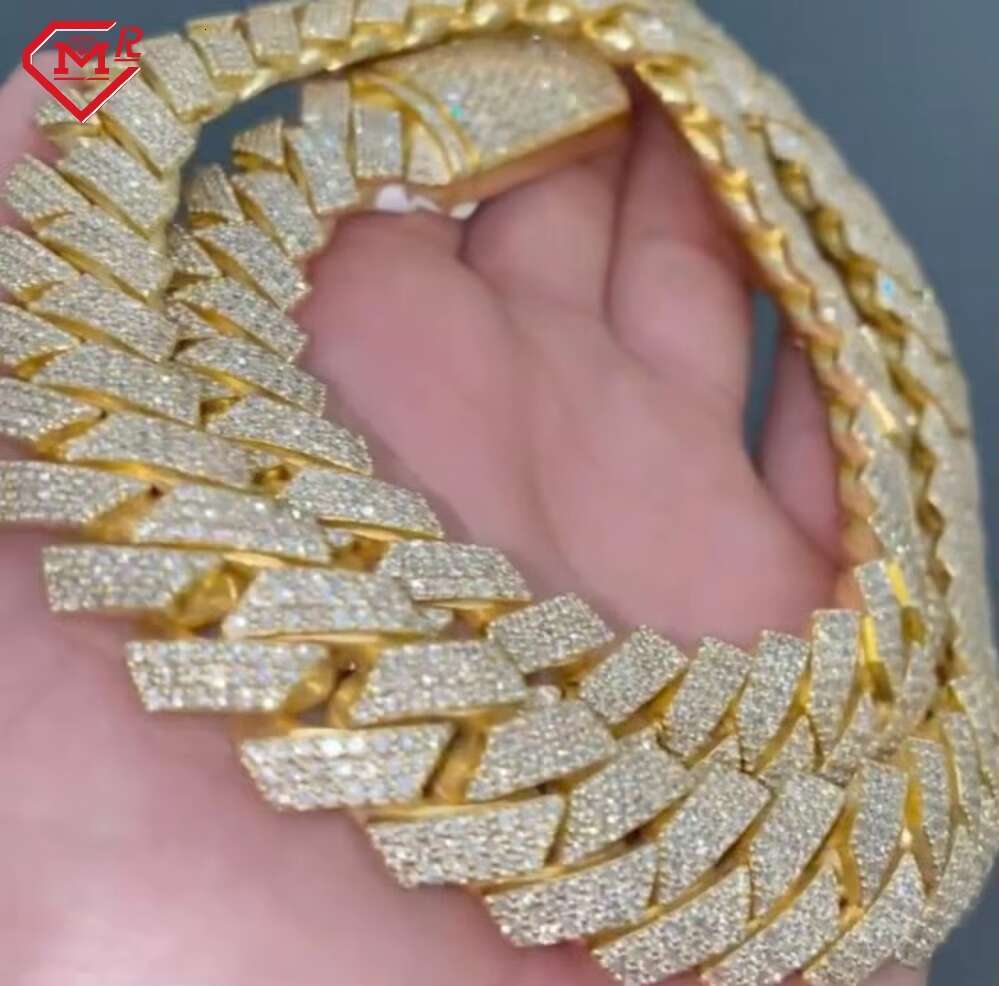 16MM Moissanite Cuban Chain Hiphop Miami Ice Out 925 Sterling Silver Yellow Gold Plated Cuban Link Chain