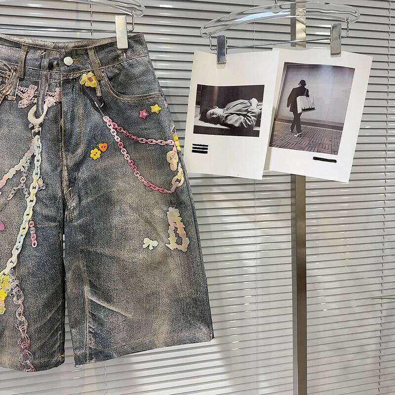 DEAT Fashion Colorful Chain Print Worn Denim Short Pants For Women High Waist Straight Leg Pant Female Trendy New Items 11A04379