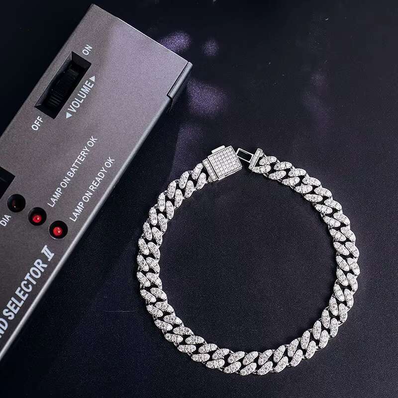 High Quality Luxury Silver Plated 12.5MM Moissanite Cuban Chain Bracelet for Men Factory Price