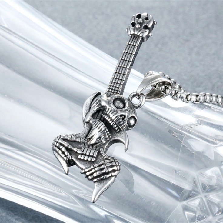 New Style Hot Sale European and American Punk Retro Skeleton Rock Guitar Men's Titanium Steel Stainless Steel Pendant Necklace