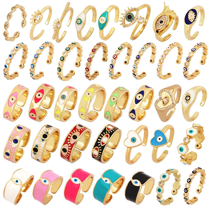 Colorful Enamel Coated Zircon Finger RingUnique Eye Brass 18K Gold Plated Open Adjustable Rings Jewelry Findings Supply P34 250624