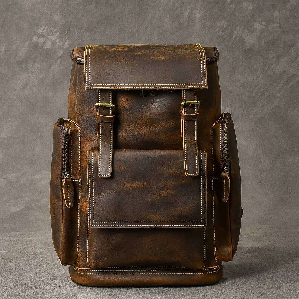 Vintage Crazy Horse Genuine Men Leather Bagpack Climbing Rucksack male Large Hiking Backpack M814