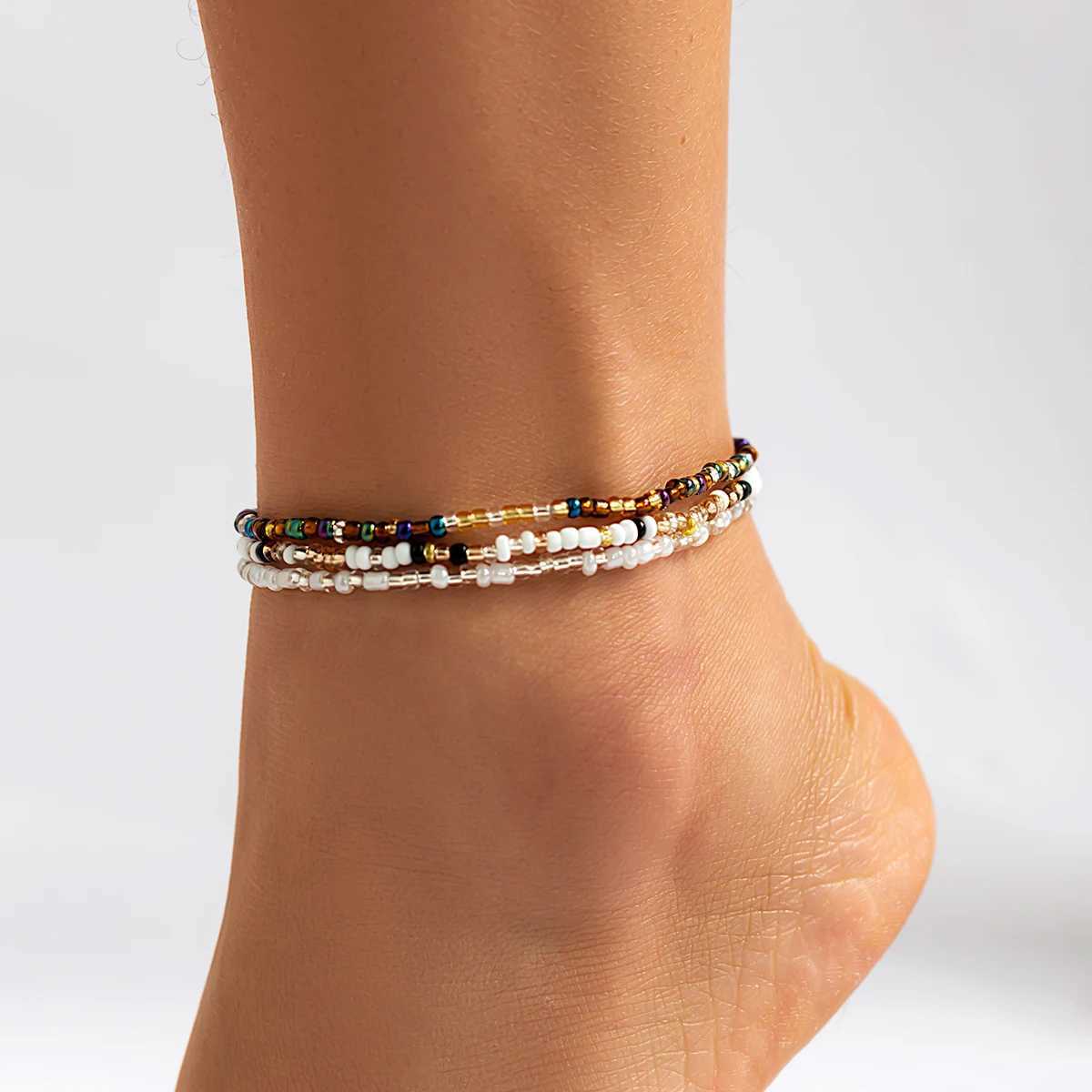 IngeSight.Z Bohemian 3pcs/set Multicolor Beaded Anklets Women Handmade Elastic Bracelet On The Leg Foot Summer Beach Jewelry U250624