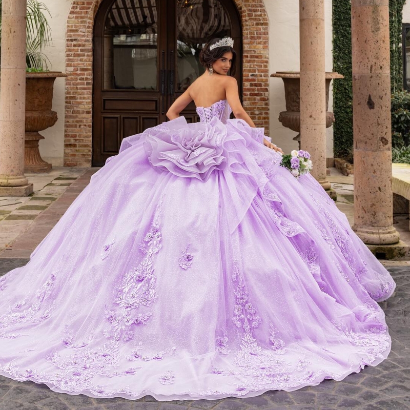 Light Lilac Shiny Quinceanera Dresses Ball Gown Off The Shoulder Applique Flower Beads Tull Corset Sweet 16 Dress Vestidos 15 Anos