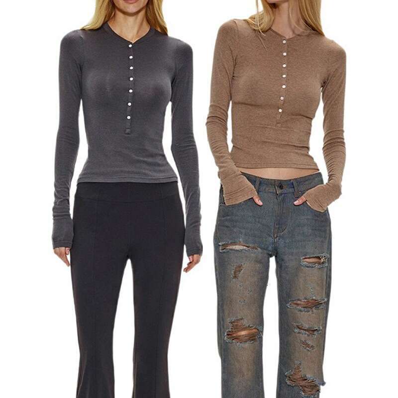 Henley Melard Outfit Cardigan Warm Base Open Collar T-Shirt Long Sleeve Knit Shirt Waist-Cinching Top B5