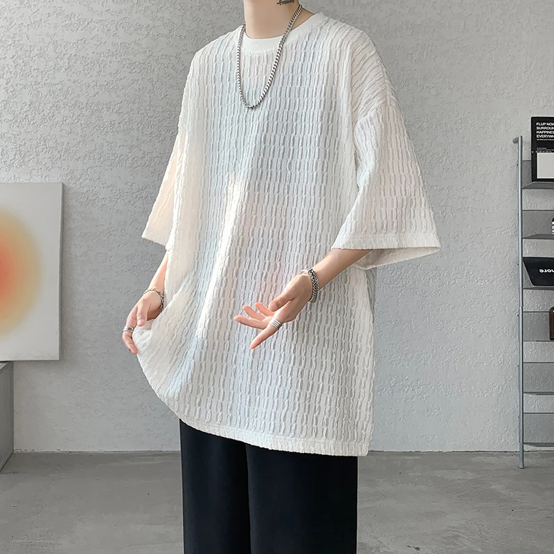 Summer Texture Short Sleeve Men T Shirt Korean Style Loose O Neck Fashion Casual Cool Tshirt Oversized Hollow out Tops White 250617