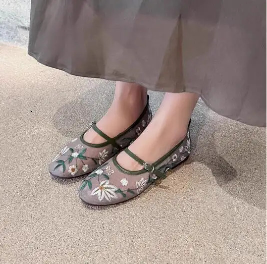 Nude Green Mesh Embroidered Flower Ballet Flats Women Summer Breathable Low Top Mary Jane Shoes Round Toe Leisure Loafers Shoes 250624