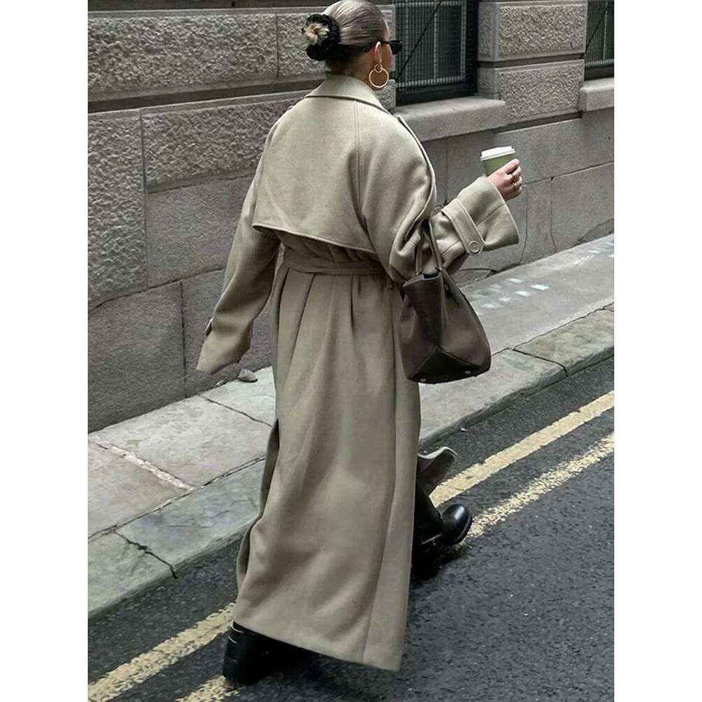 Lapel Woolen Long Coat Women Casual Double Breasted Pockets Shoulder Pads Female Coats 2024 Antumn Winter Thick Warm Lady Jacket