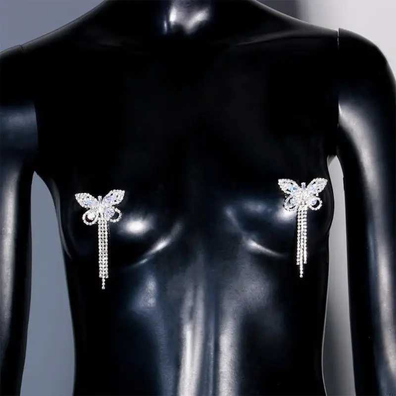 N7YE Sparkly Rhinestones Butterfly Tassels Nipple Covers Jewelry Crystal Breast Cover W250624