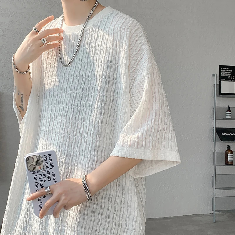 Summer Texture Short Sleeve Men T Shirt Korean Style Loose O Neck Fashion Casual Cool Tshirt Oversized Hollow out Tops White 250617