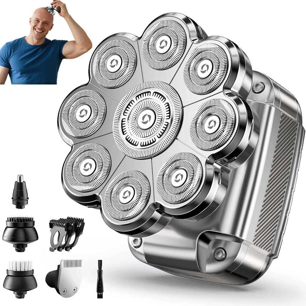 9D Shavers For Bald Men 5 In 1 Detachable Head With LED Display Ipx7 Waterproof Wet Dry Rechargeable Electric Shaver