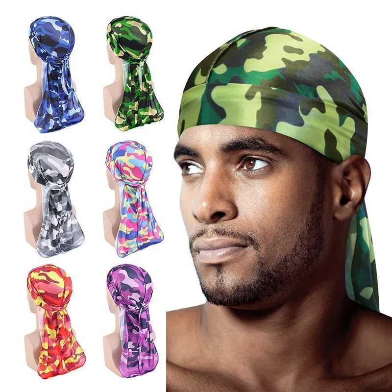 New Arrival Fashion Camouflage Printed Long Tail Pirate Hat Silky Satin Durags Bandana Mens Silky Durags Turban Hat Adjustable Headwrap U250623