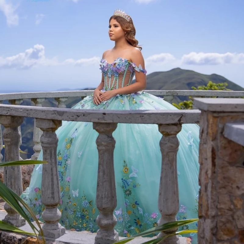 Light Green Shiny Quinceanera Dresses Ball Gown Colorful Floral Applique Bow Beading Crystal Tull Sweet 16 Dress Vestidos De 15 Anos