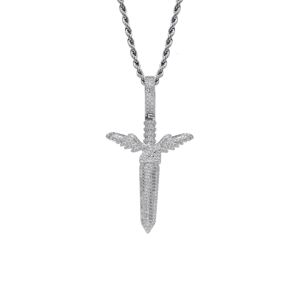 Luxury Moissanite Bling Iced Out Angel Sword Pendant Diamond Studded Hip Hop Necklace Trendy Versatile Accessory Pass the diamond tester