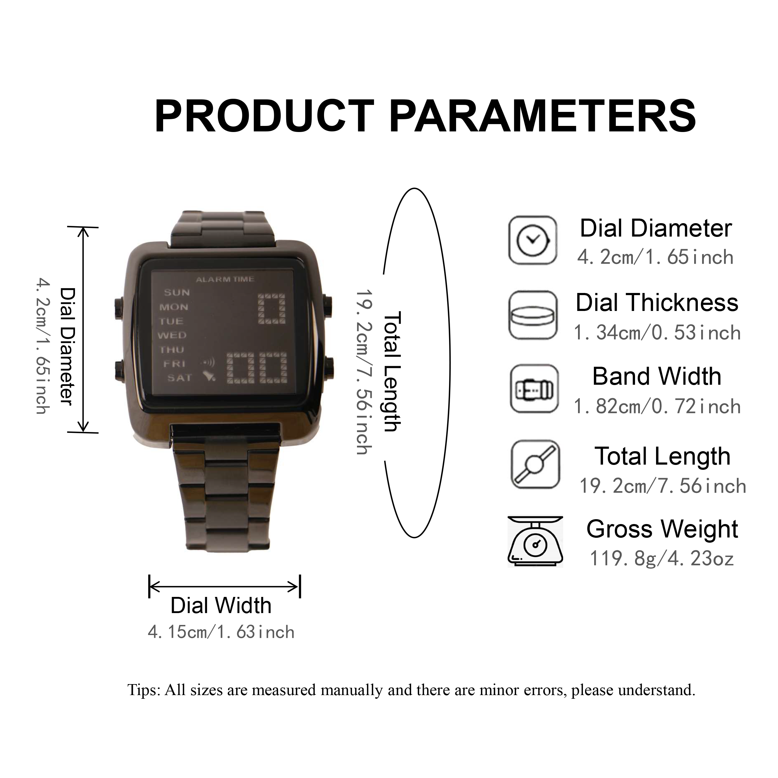 Multifunction LED Watch Stainless Steel Band Stopwatch Calendar Alarm Hourly Chime