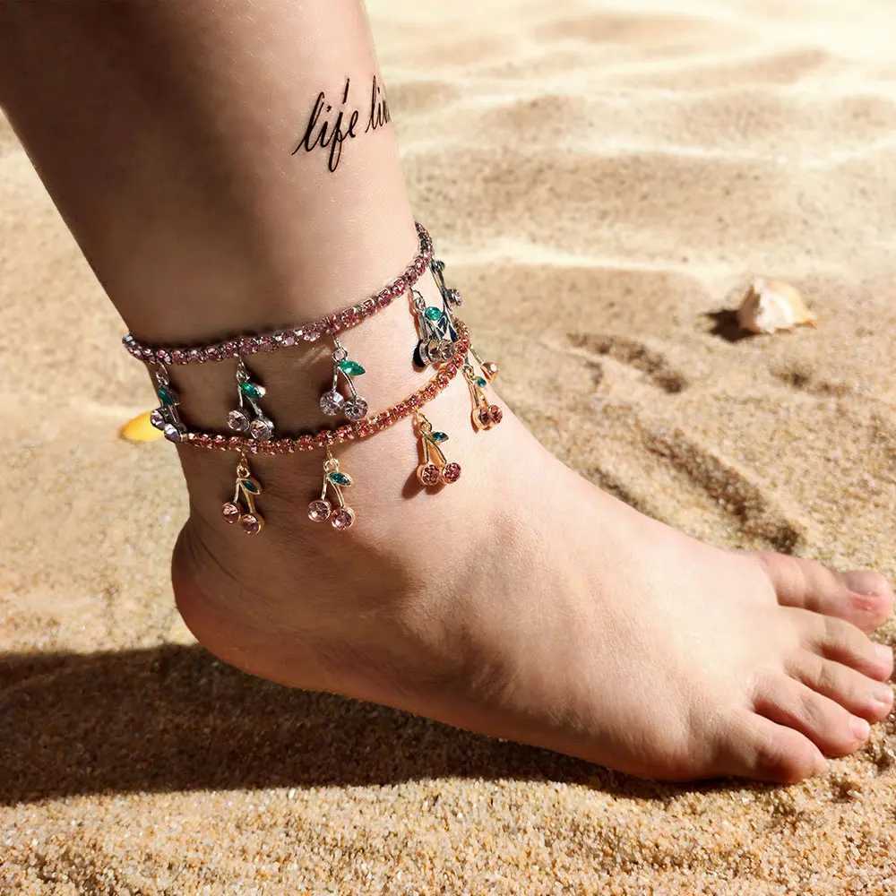 Bohemia Beach Crystal Cherry Chain Anklets For Women New Pink Rhinestone Cherrys Tennis Ankle Foot Bracelet Trendy Jewelry U250624