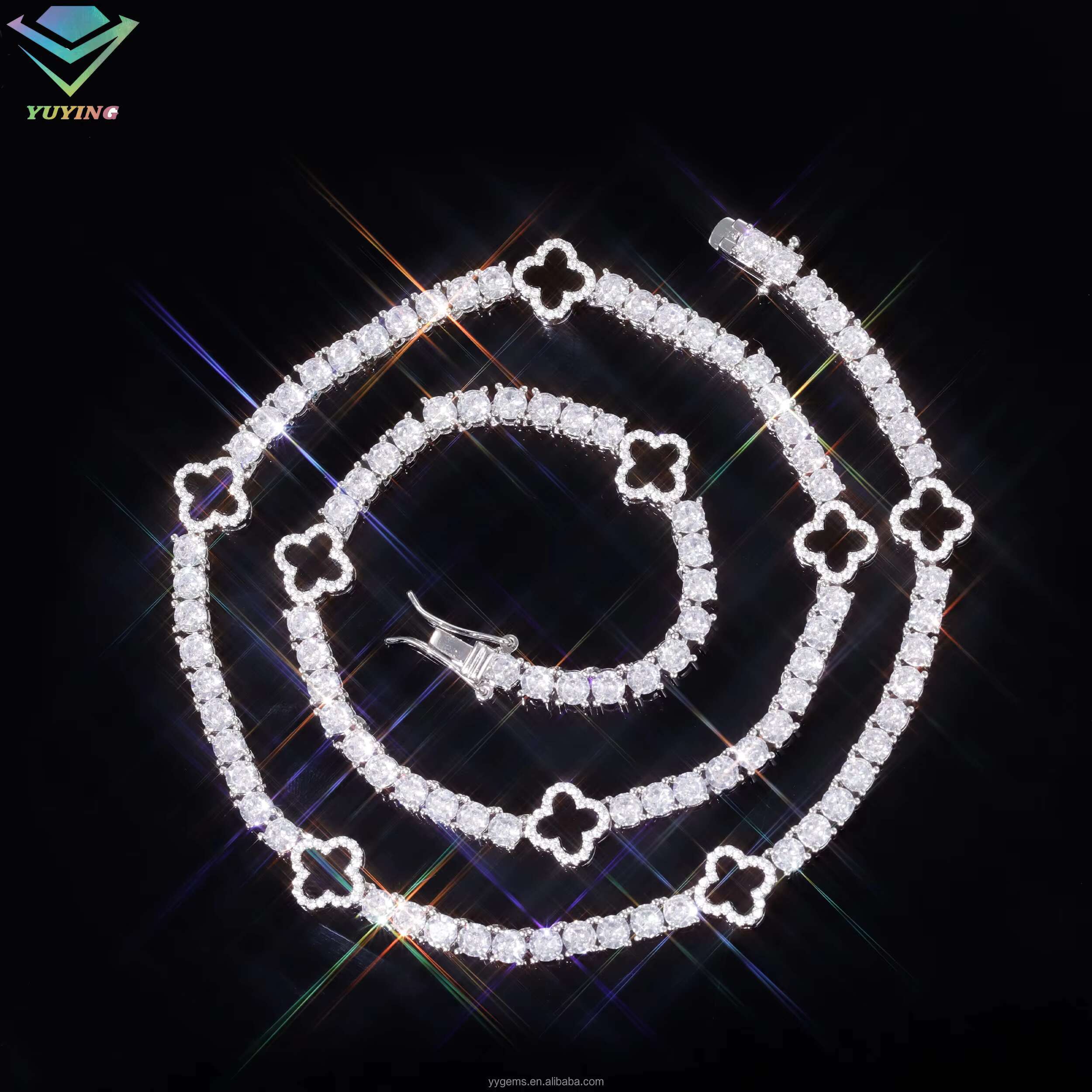 Accept Customized Natural Clover Black Agate White Gold Plated Tennis Chain Necklace Moissanite Silver Chains Jewelry Necklace