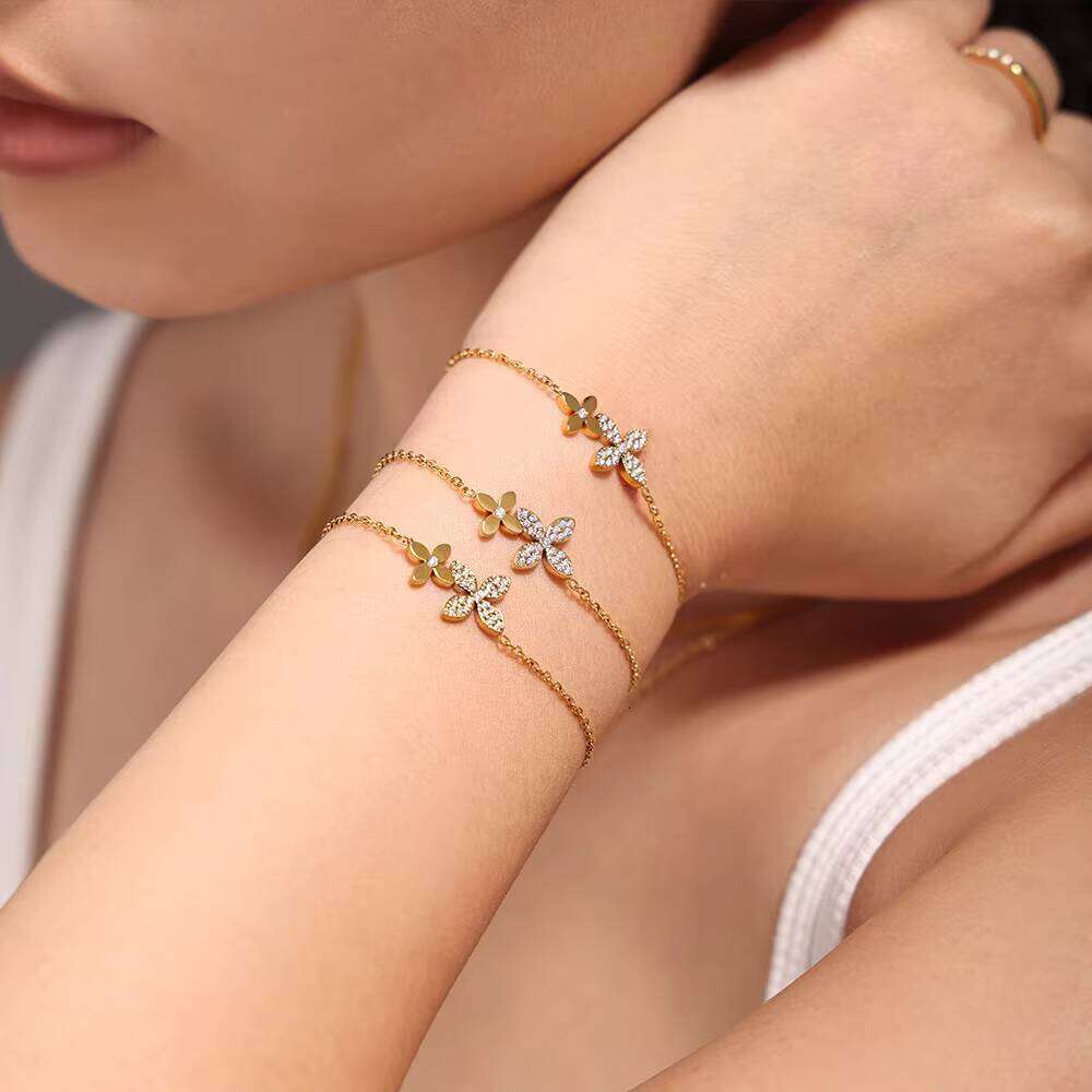 DHcollections Ins Zircon Four-Leaf Flower Double-Layer Collarbone Necklace Bracelet For Women, Stainless Steel Pvd Electroplated Set