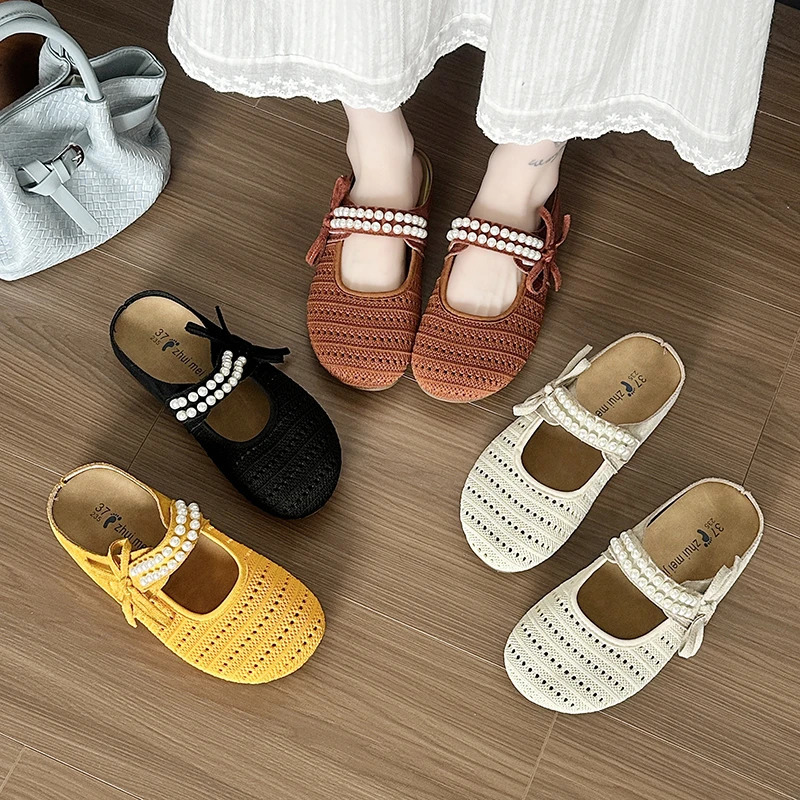 Womens Spring Summer Hollow out Woven Flat Sandals Mary Janes SlipOn Casual Shoes round Toe Low Heel Footwear 250624