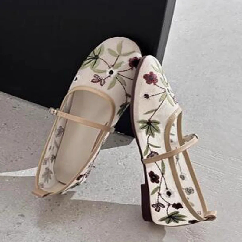 Nude Green Mesh Embroidered Flower Ballet Flats Women Summer Breathable Low Top Mary Jane Shoes Round Toe Leisure Loafers Shoes 250624