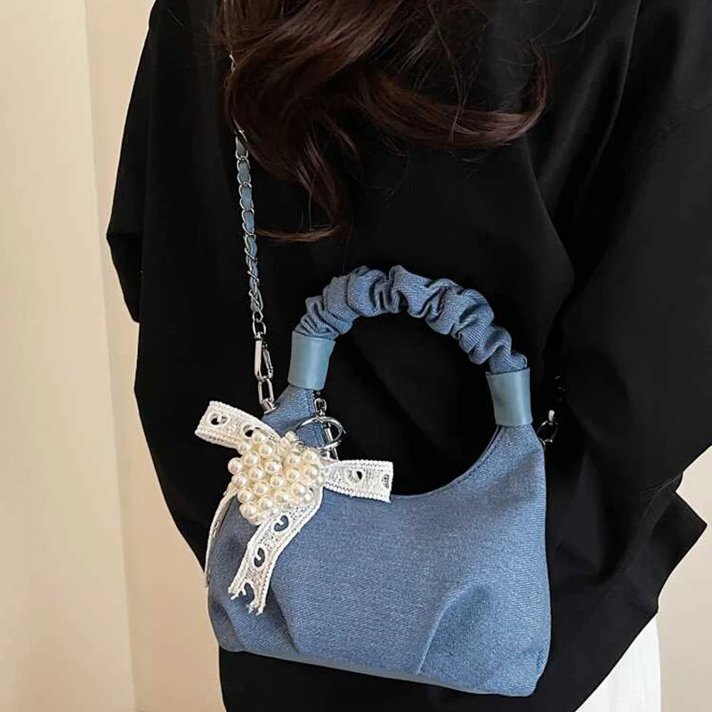 Denim Handheld Folded Cloud Bag For Women Fashion Pearl Ribbon Decor Versatile Chain Crossbody Shoulder Bag 250624