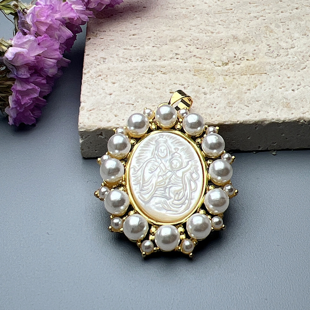 Natural Freshwater Pearl Virgin Mary Charms Necklace Natural Mother Pearl Shell Religious Medals San Benito Necklace for Gift 240812