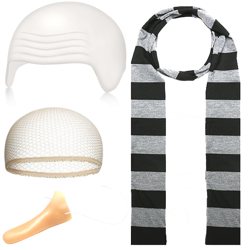 Scalp Long Nose Black Striped Scarf with Hairnet 4-Piece Set for Celebrating Halloween, Christmas, Holiday Shows, Role Play Parties, Little Yellow Man