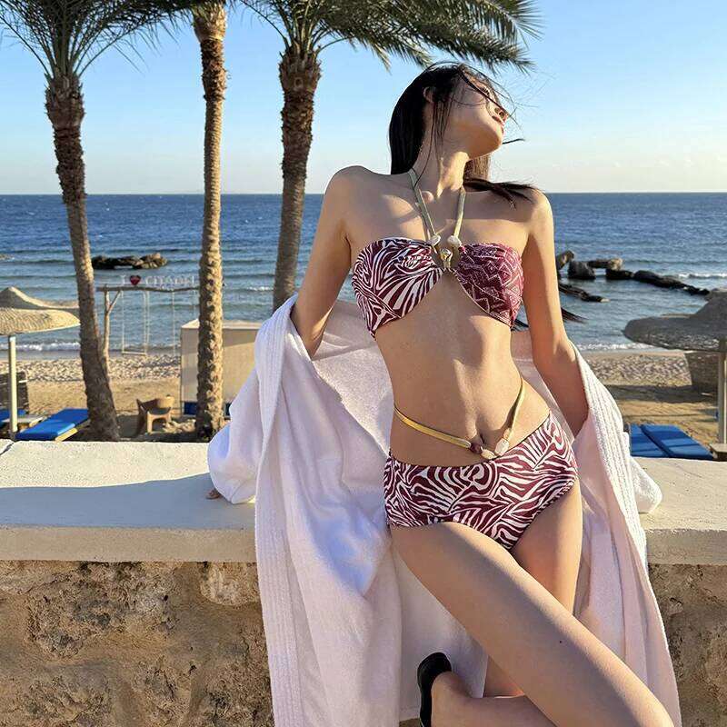 2025 Sexy Zebra Print Bikini Set with Beach Cover-Up Skirt UV Protection Push-Up Backless 3-Piece Swimsuit for Women Vacation