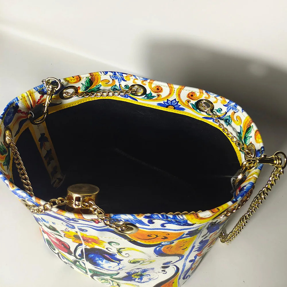 French Niche n Color Printed Bag Womens Summer Handheld Bucket Chain Crossbody Bag 250624
