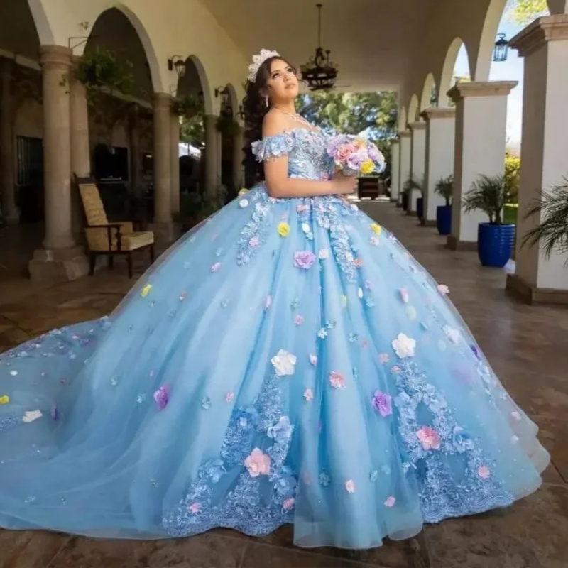 Sky Blue Shiny Quinceanera Dresses for 15 Years Old Off the Shoulder Applique Flower Beads Tull Sweet 16 Dress Vestidos 15 De Anos