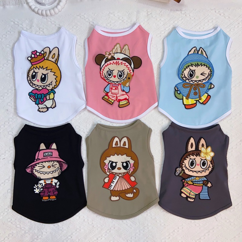 Dog Shirt Dog Vest Summer Fashion Embroidery Dog Clothes with Labubu Exquisite Embroidery Cool Breathable Cotton T-Shirt, Small Medium Dog Boys Girls 