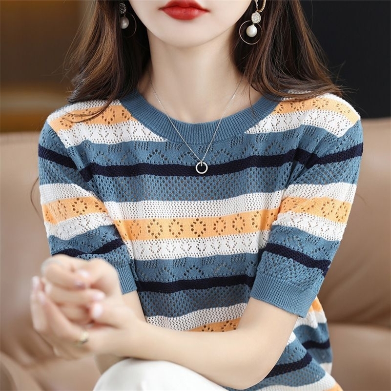 Summer Thin Fashion Crew Neck Striped Short Sleeve Loose Hollow Out Loose Sweater Knitted T-shirt Womens Tops 250614