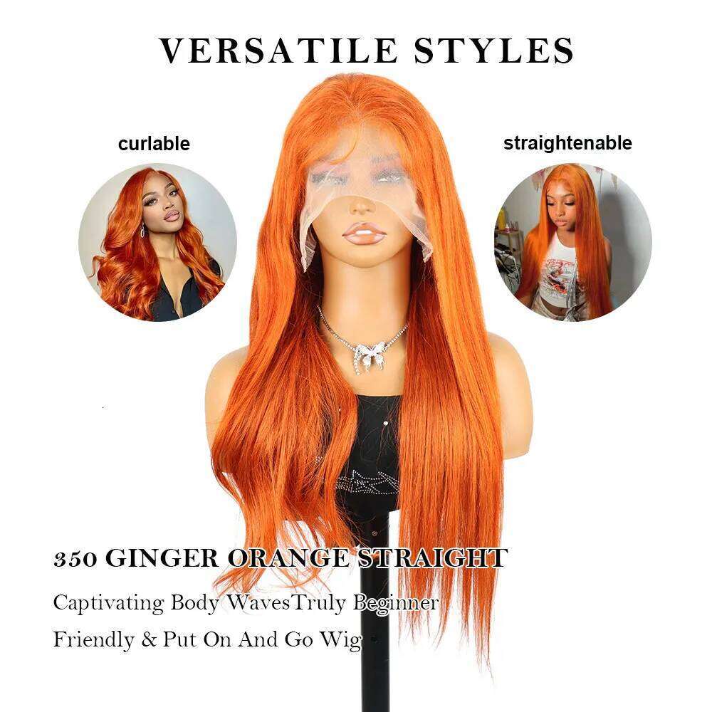 Orange Ginger 250 Density 30 32 40Inch Front 13x6 HD Lace Frontal Straight Wig 350 Colored Human Hair Wigs