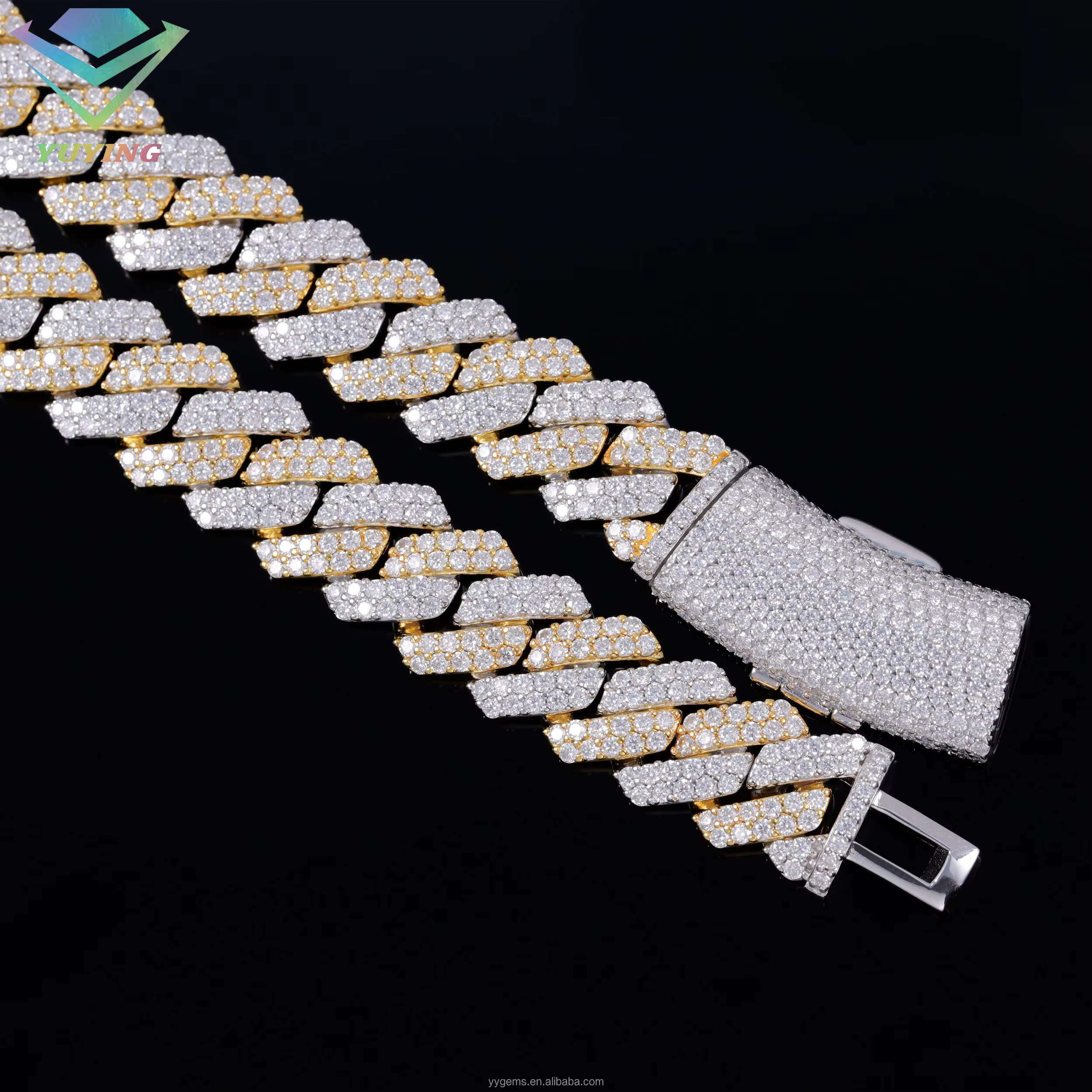 Yy New Design 14 mm 2 Tones 2rows Diamond Cuban Link Chian Iced Out Vvs Moissanite 925 Silver Fine Jewelry Necklaces for Men