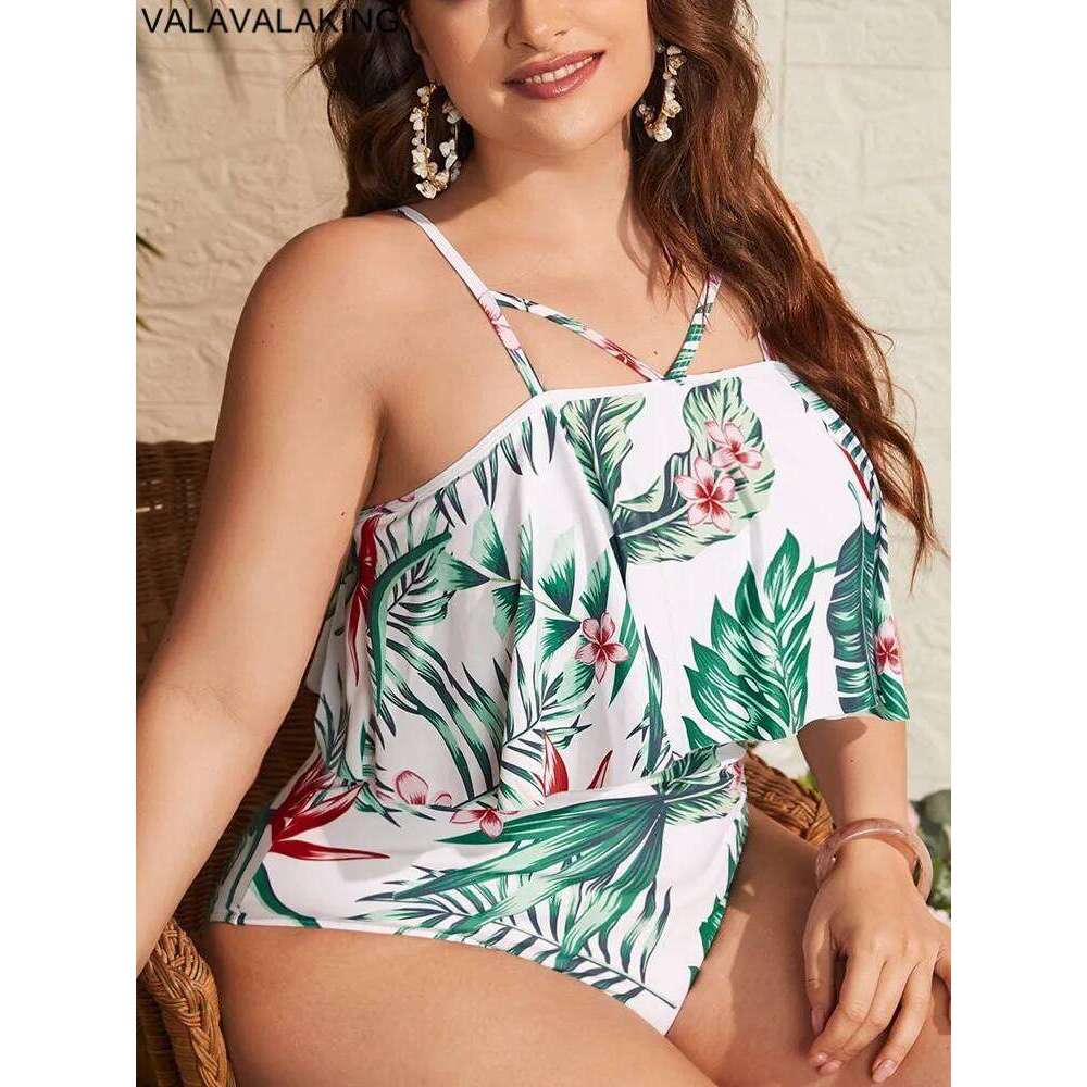 Valavalaking 2025 Print Plus Size Swimwear Women Hollow Strapped Large Big One Piece Swimsuit Curvy Beach Chubby Bathing Suit