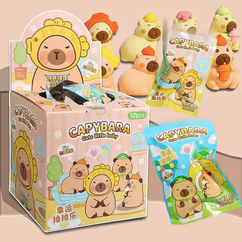 32pcs/Box Capybara Labubu Blind Bag Eraser Lottery Toy Creative Cartoon 3D Doll Eraser Action Pencil Doll Model Holiday Gift Y250624