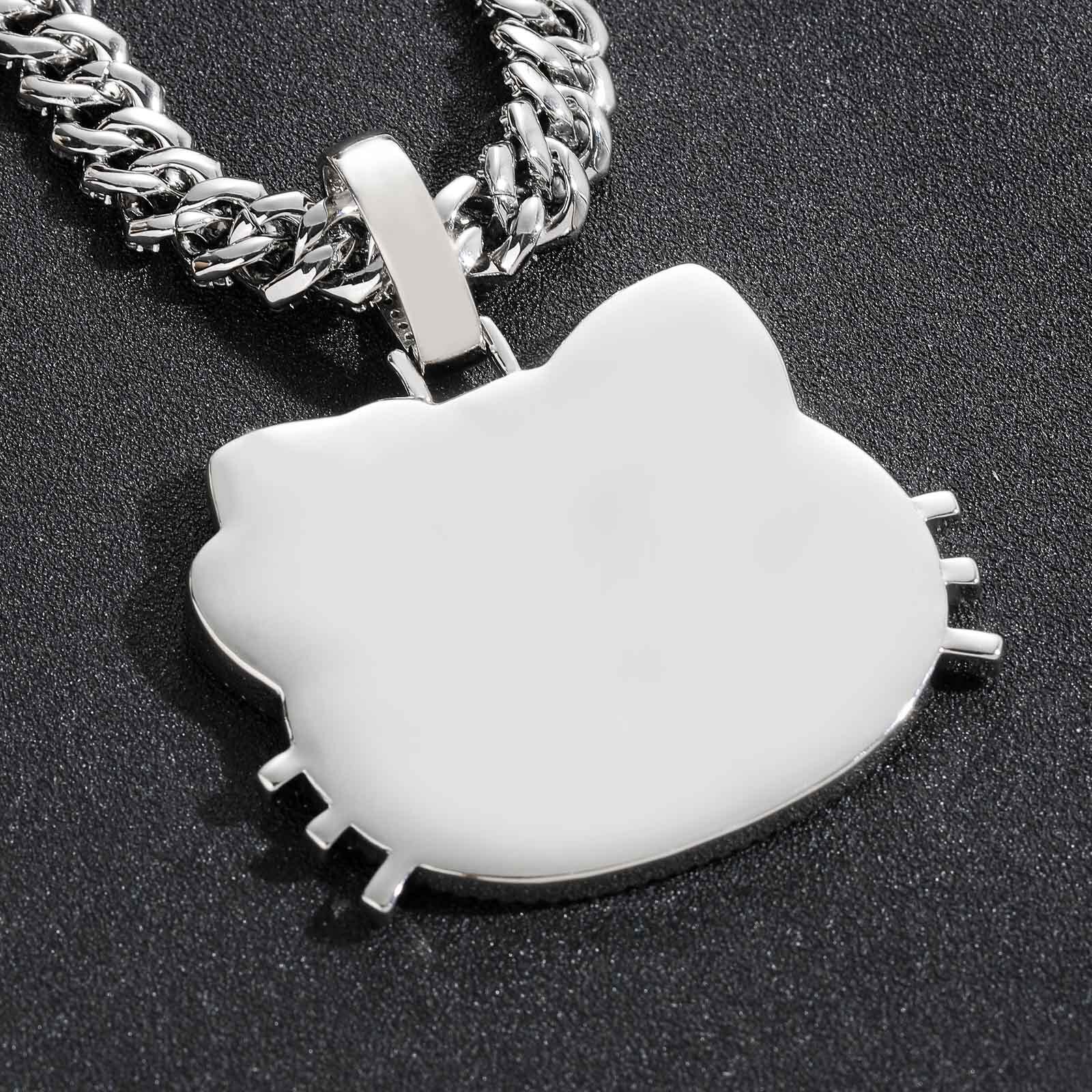 New Moissanite Hip Hop Solid Kitty Pendant Necklace with Pink Diamonds Cute Animal Theme for Men and Women Pass the diamond tester