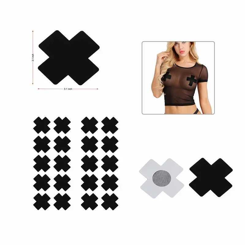 20 Pcs Black Women Cross Shape Self-Adhesive Disposable Satin Nipple Cover Breast Pasties Stickers for Strapless Clothes W250624