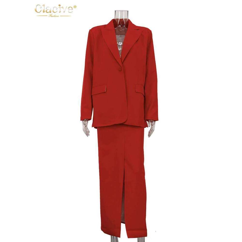 Clacive Fashion Loose Red Office Women's Two Pieces Elegant Sleeve Blazer With High Waist Slit Long Skirt Set Female