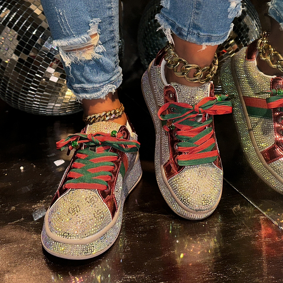 Lanjia Sneakers Trend New Spring Autumn Platform Lace Up Rhinestone Women Casual Fashion Shiny Ladies Shoes High End Designer Shoes B C D