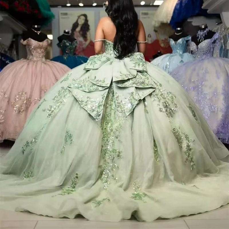 Sage Green Glitter Quinceanera Dresses Ball Gown Appliques Lace Beaded Bow Tull Corset Sweet 16 Dress Vestidos De 15 Anos
