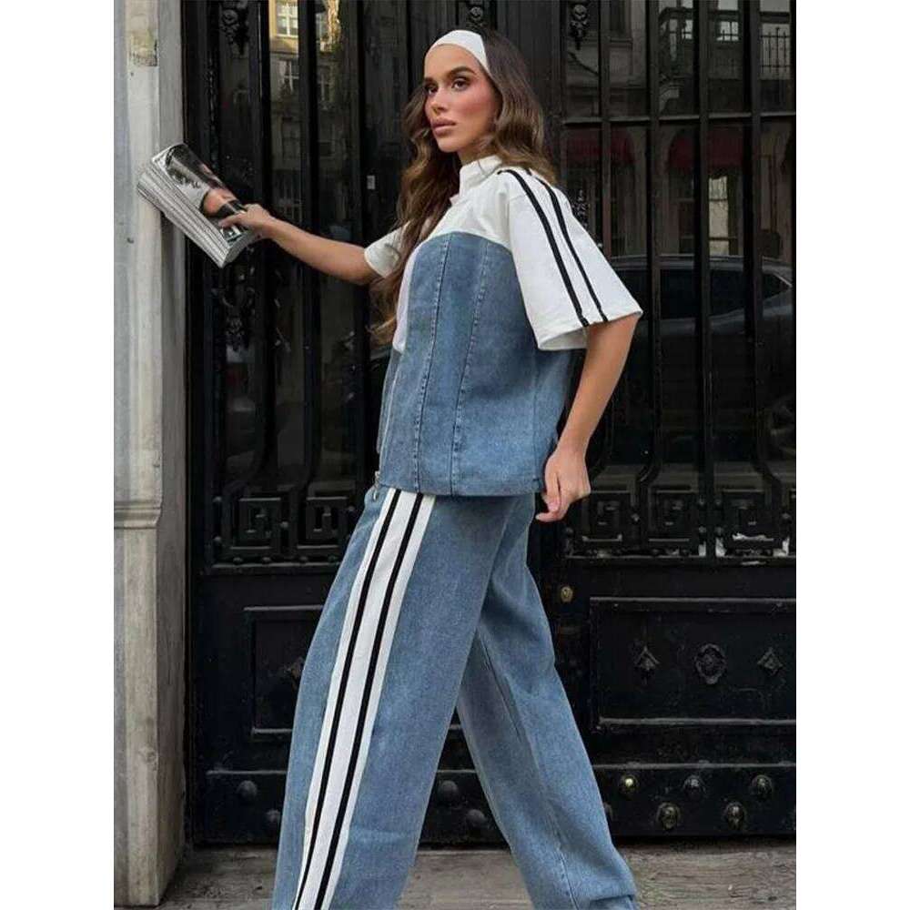 Women's Sporty Style Denim Pants Set White-Contrast Jacket Matching High Waist Side Stripes Jeans New Casual Streetwear
