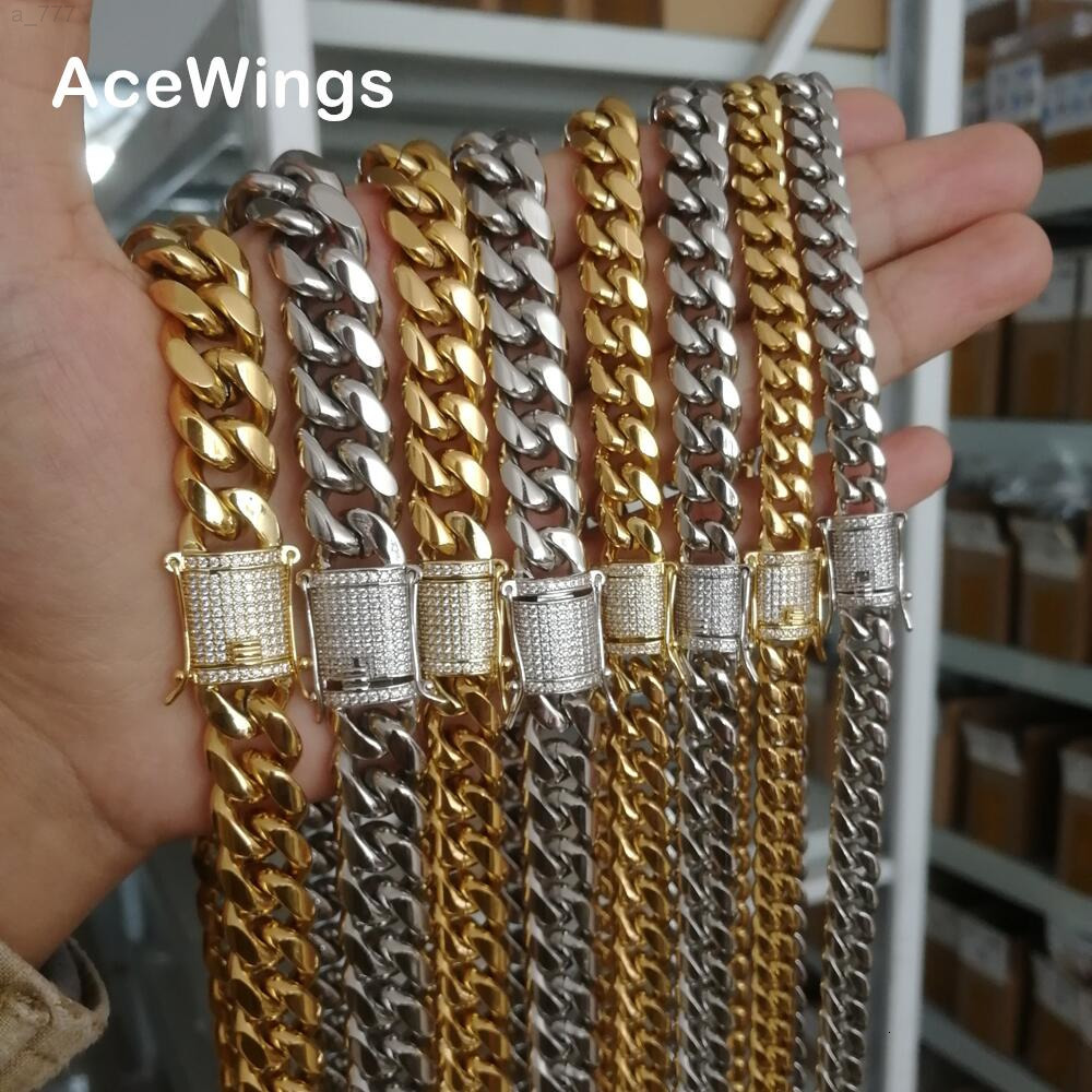 BC001 8mm 10mm 12mm 14mm Stainless Steel Cuban Chain Necklace with Brass Setting Zircon Clasp Hip Hop BLING