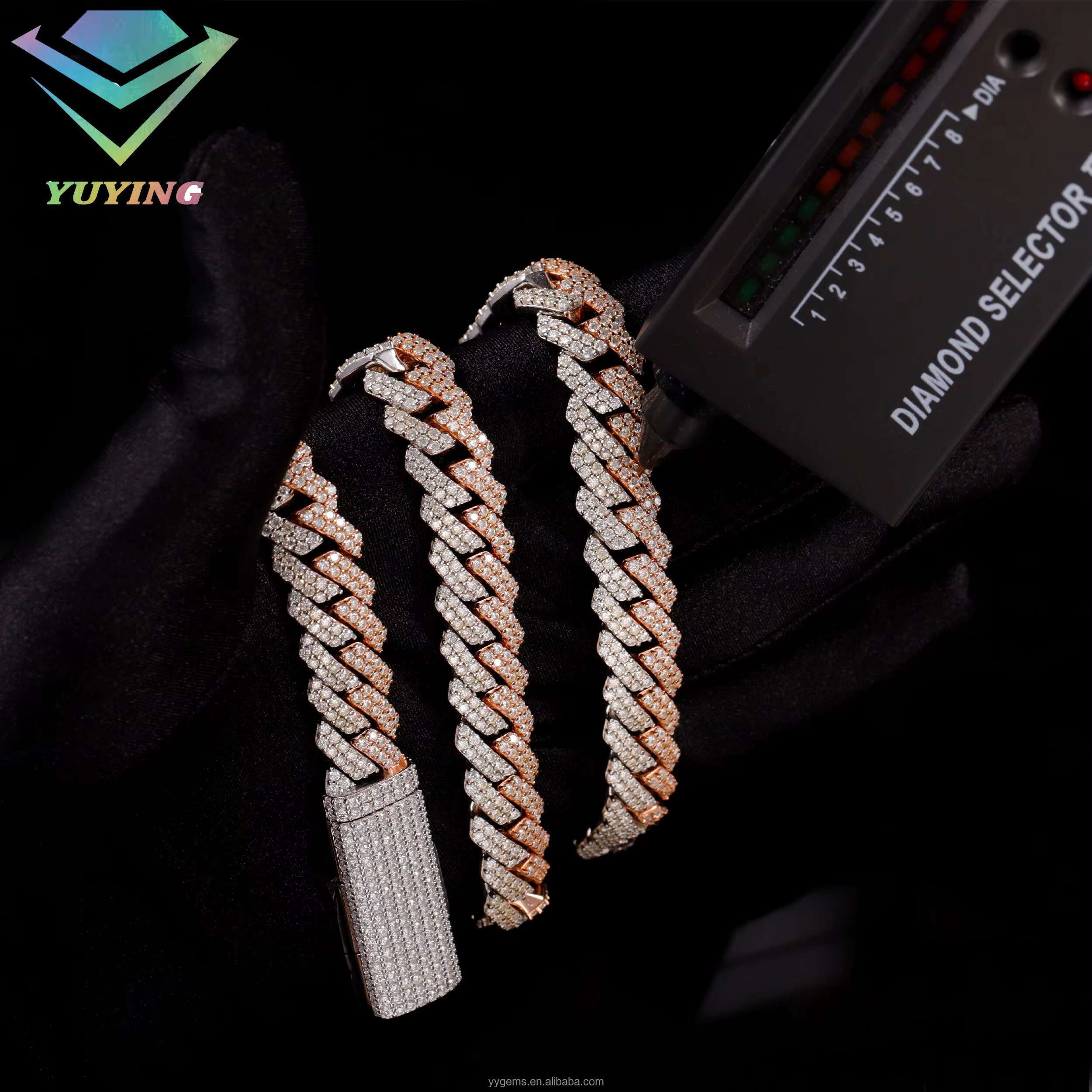 Yy New Design 12mm 2rows 2tones Cuban Link Chian Vvs Moissanite Pass Diamond Tester 925 Silver Fine Jewelry Necklaces for Men