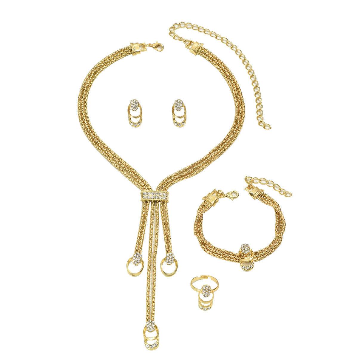 New Simple Fresh Necklace And Earring Set With Inlaid Design Clavicle Chain Index Finger Ring