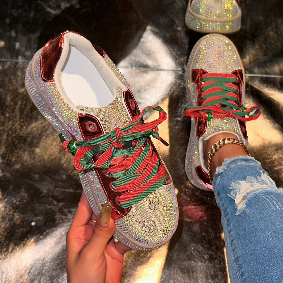Fashion Sneakers Women Trend 2025 New Spring Autumn Platform Lace Up Rhinestone Women Casual Shoes Fashion Shiny Ladies Shoes High end luxury designer