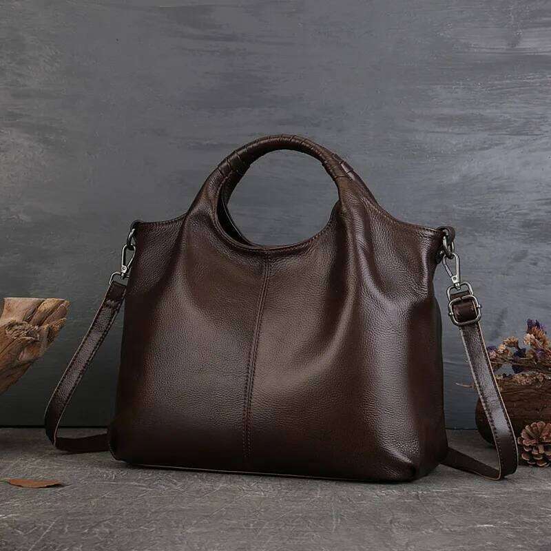 Johnature Genuine Leather Casual Tote Bag 2025 New Retro Large Capacity Women's Handbag Versatile Solid Color Shoulder Bags