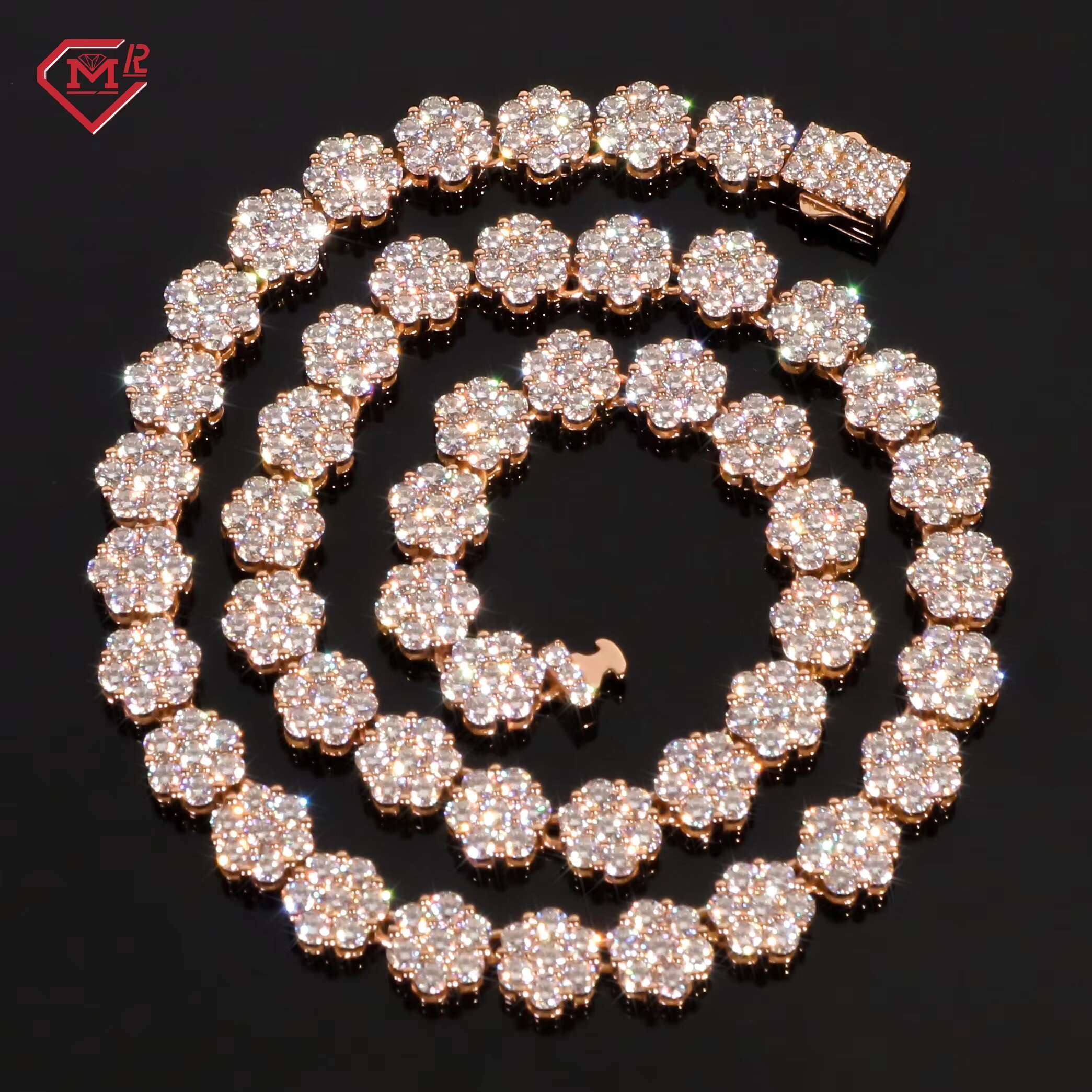Flower Tennis Chain 925 Silver Hip Hop Pass Teste Rose Gold Plated Round Brilliant Cut Moissanite Tennis Chain