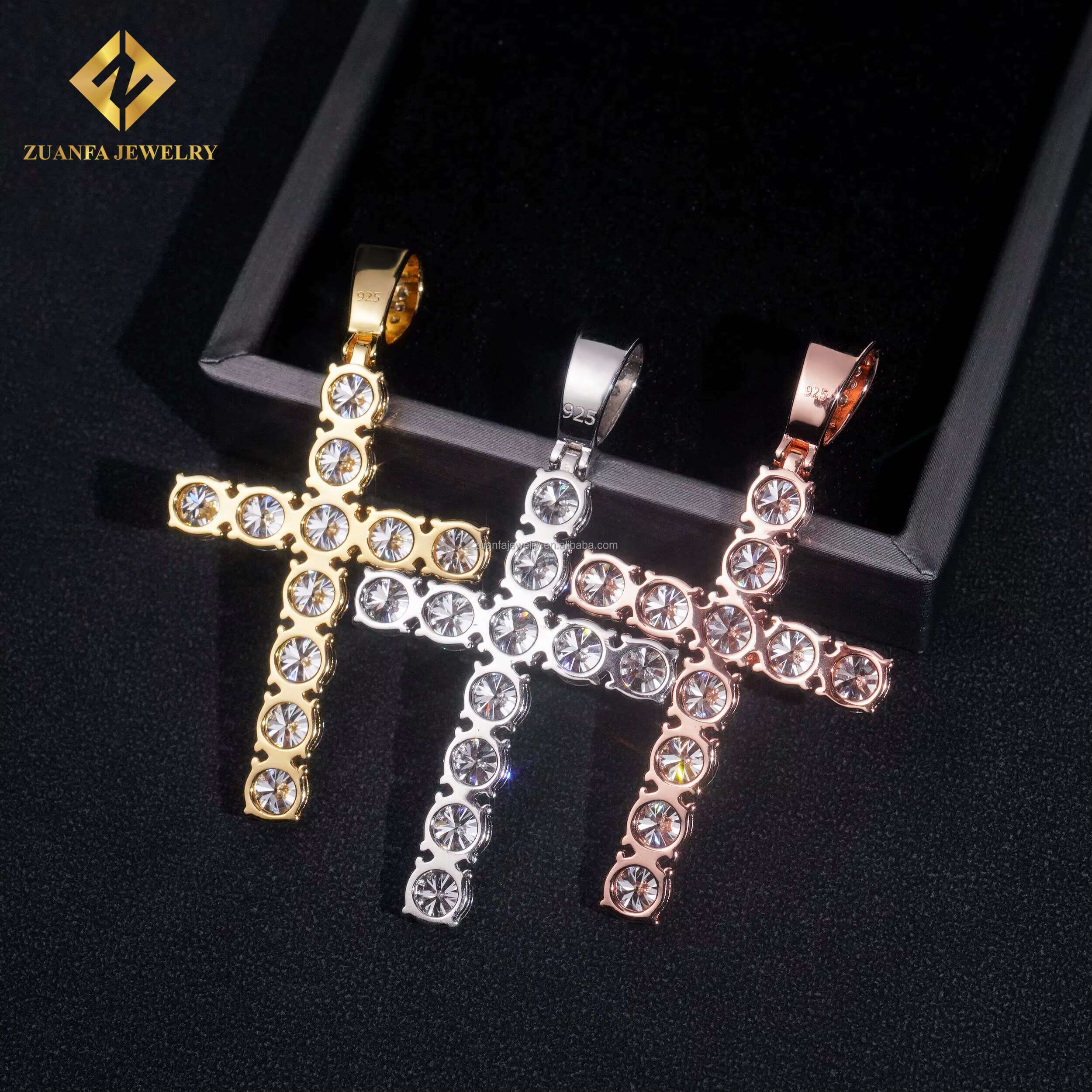 Pass Diamond Tester Best Selling GRA Certificate Iced Out Hip Hop Jewelry 925 Silver Moissanite Diamond Cross Pendant Necklace